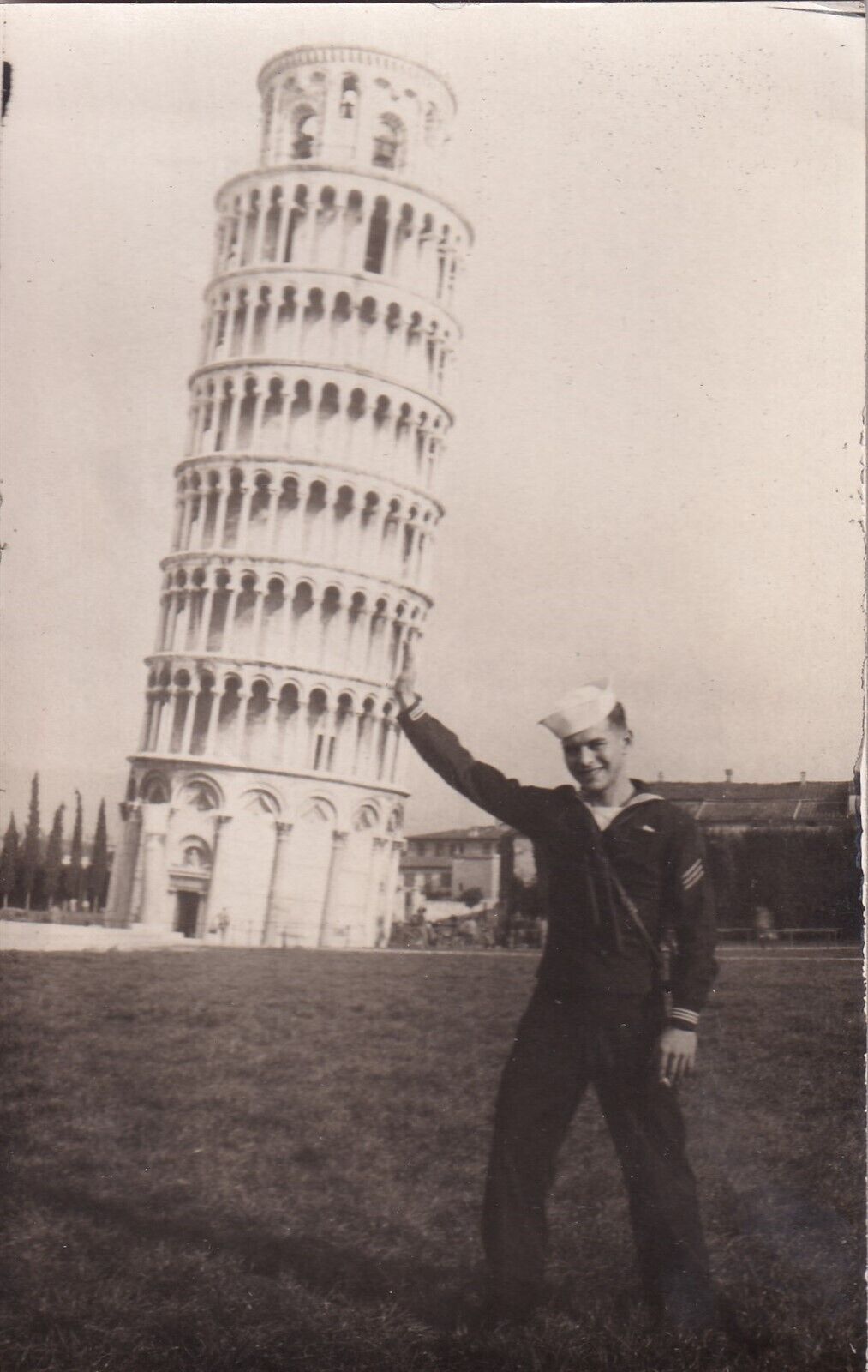 WWII RPPC Real Photo Postcard US NAVY SAILOR HOLDING LEANING TOWER PISA ITALY 76
