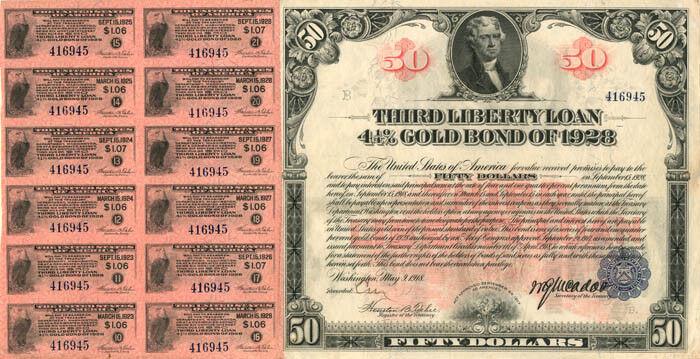 $50 1918 3rd Liberty Bond - Many Coupons Remain - U. S. Treasury Bonds, etc.