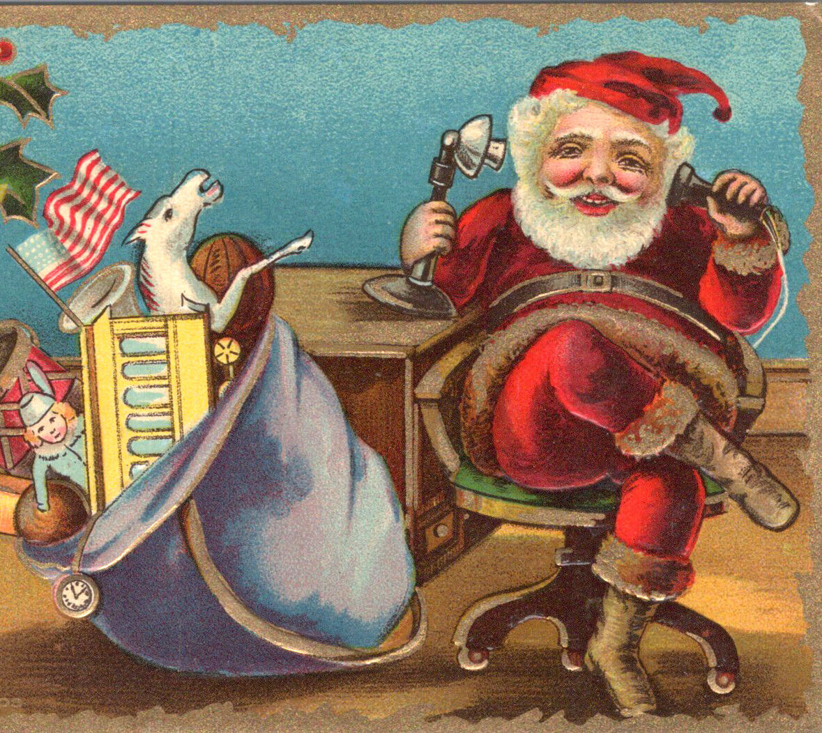 1900s Santa Claus Phone Telephone Jolly Smiling Merry Christmas Xmas Postcard