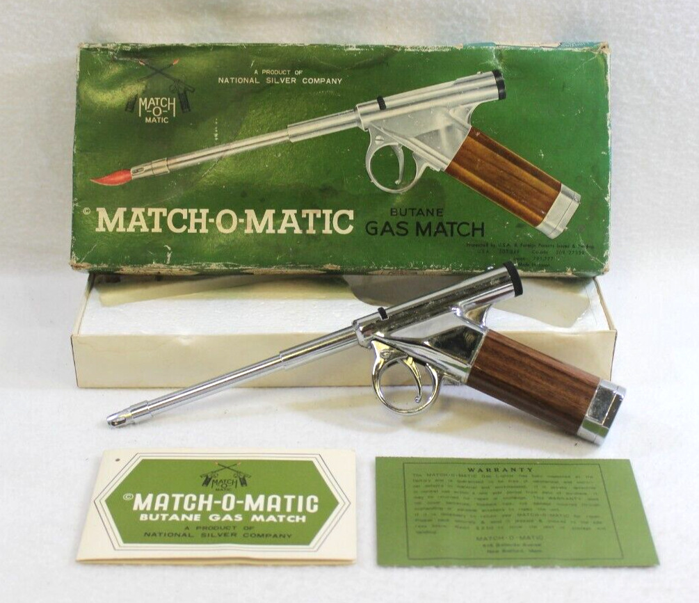 Vintage Match-o-Matic Butane Gas Match National Silver Co. Original Box & Manual