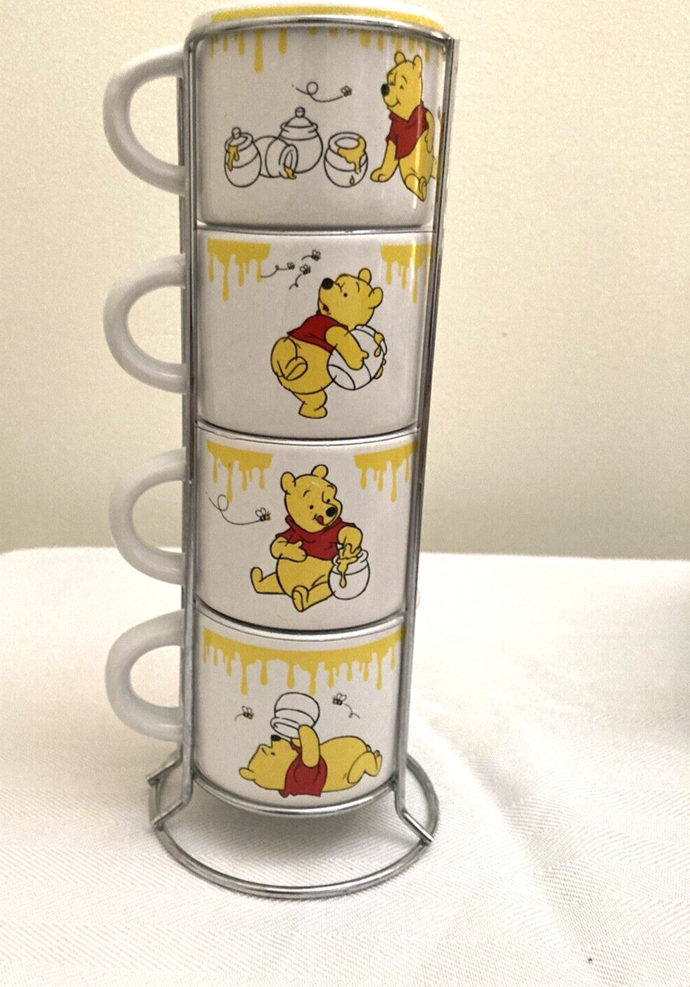 Set Of 4 Disney Winnie The Pooh 3oz Stacking Espresso Cups With Metal Rack