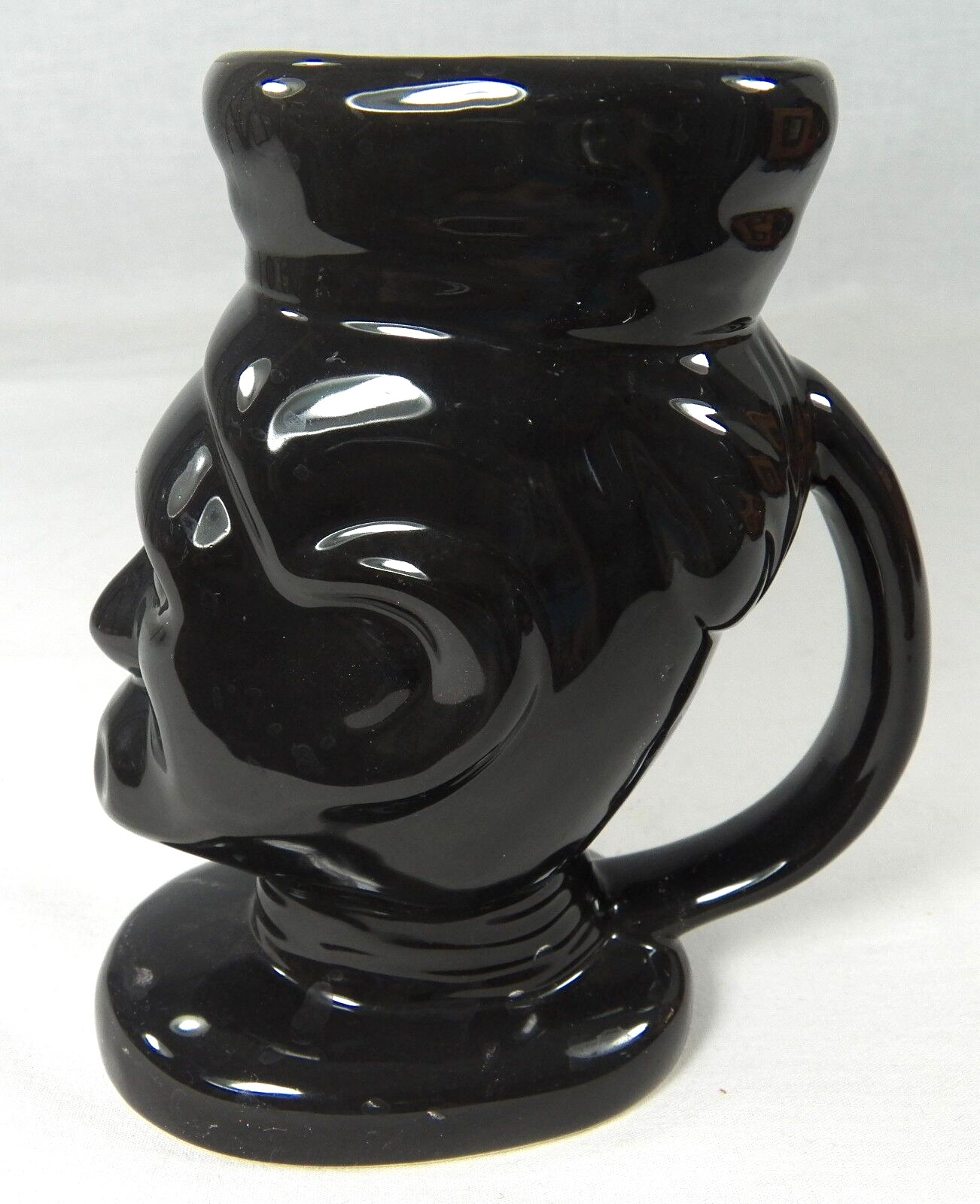 Black Glazed Coffee Cup Mug Figural African Tribal Person\'s Head on Pedestal 6\