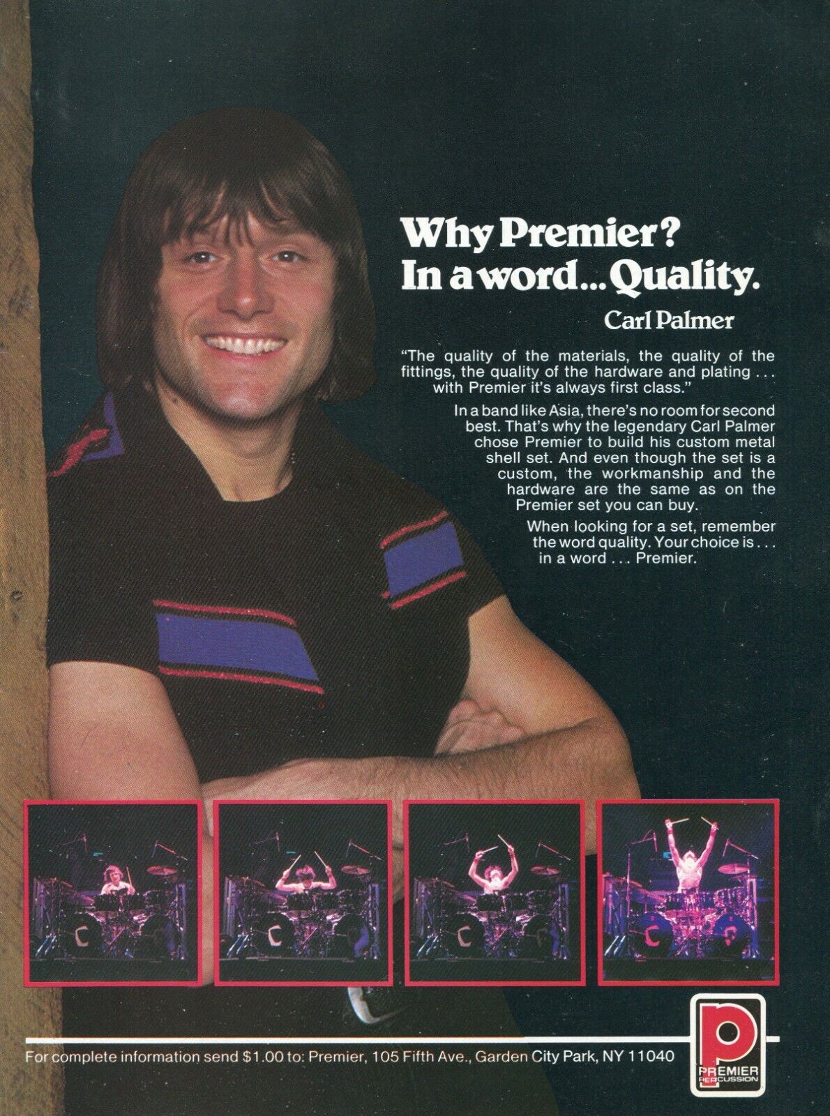 1983 Print Ad of Premier Drums w Carl Palmer of Asia