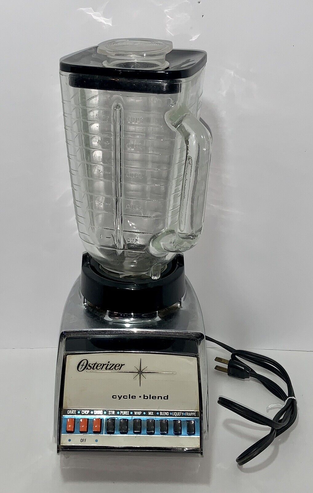 Vintage Mid Century Chrome Osterizer Cycle Blend 10 Speed Blender with black top