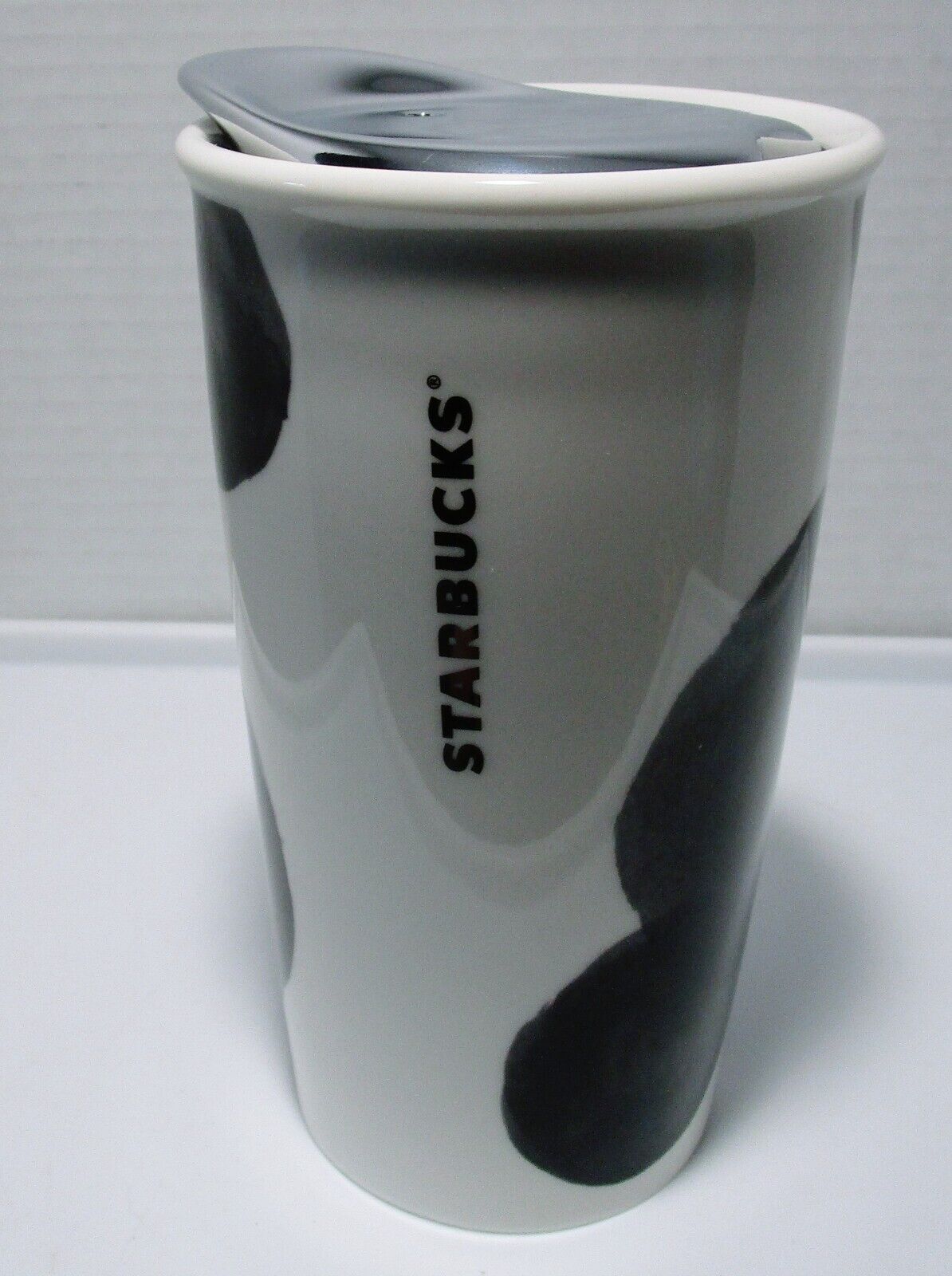 Starbucks Ceramic 10oz Tumbler White w/ Black Dots 2014 Chrome Lid Travel Cup