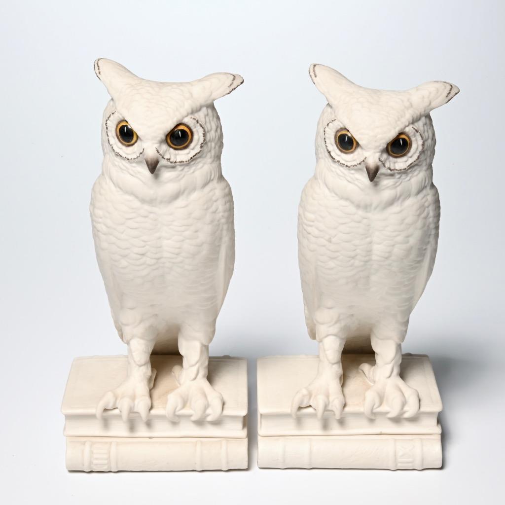 Pair Boehm Owl Figurine Bookends Bisque Porcelain Discontinued VTG
