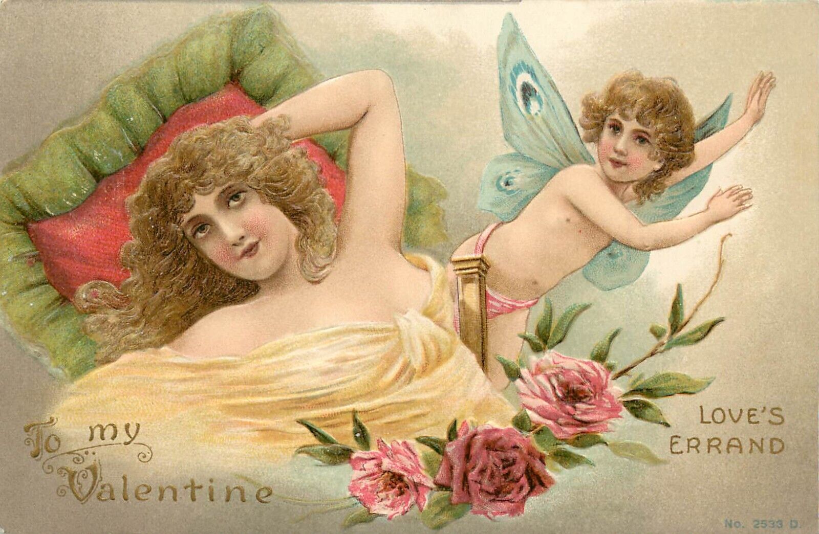 Embossed Valentine Postcard 2533 Beautiful Woman & Butterfly Cupid Love\'s Errand