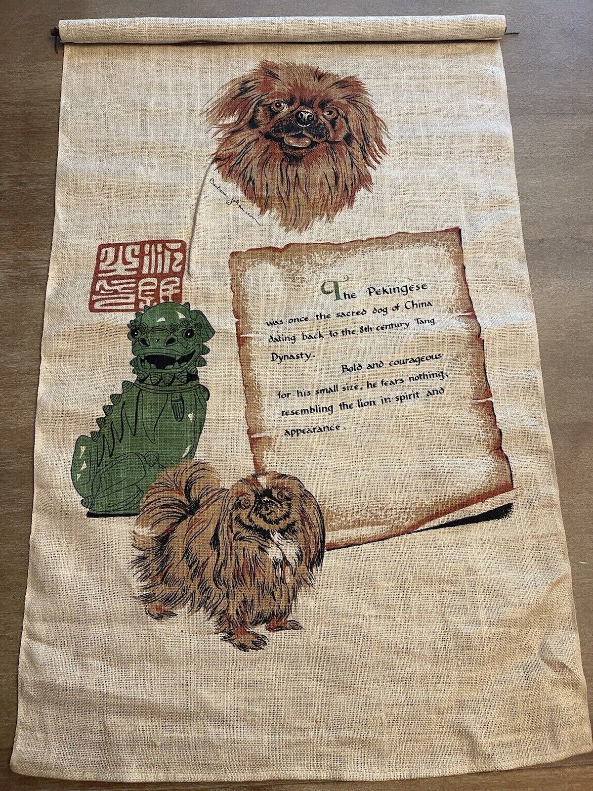 vintage pekingese foo dog linen scroll