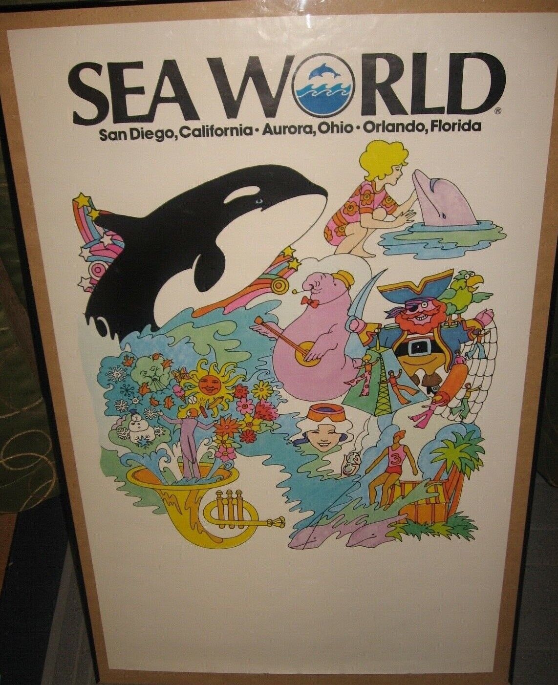 Vintage 1970's Sea World LARGE Promo Poster Shamu Whales Dolphins Amusmt Pk Prop