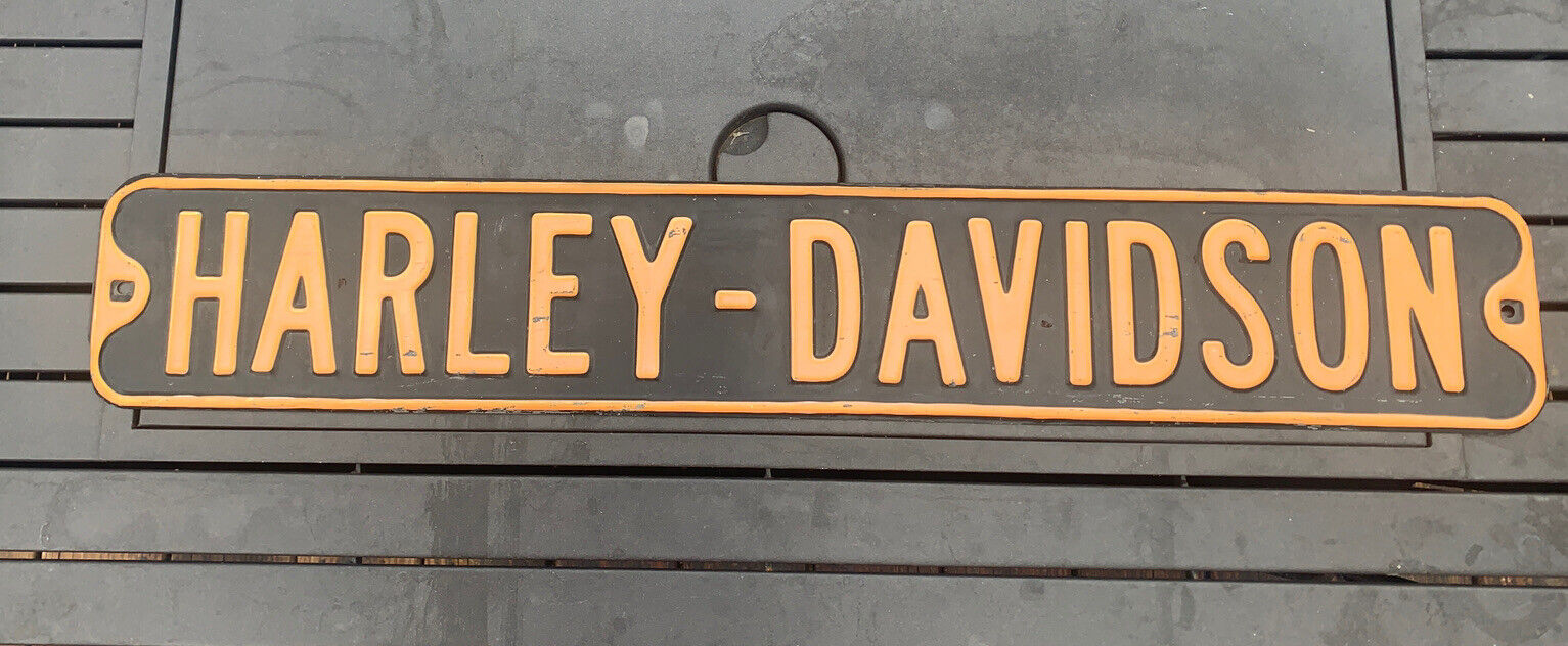 Vintage Distressed Harley Davidson Metal Street Sign Garage 36”x 6” Orange Black
