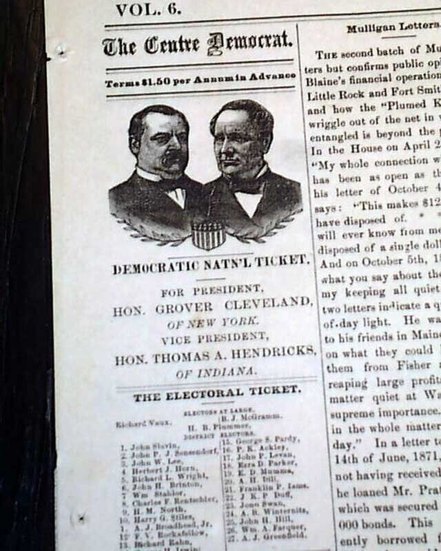GROVER CLEVELAND Presidential Campaign Democrat Nominee NOTICE 1884 Newspaper   