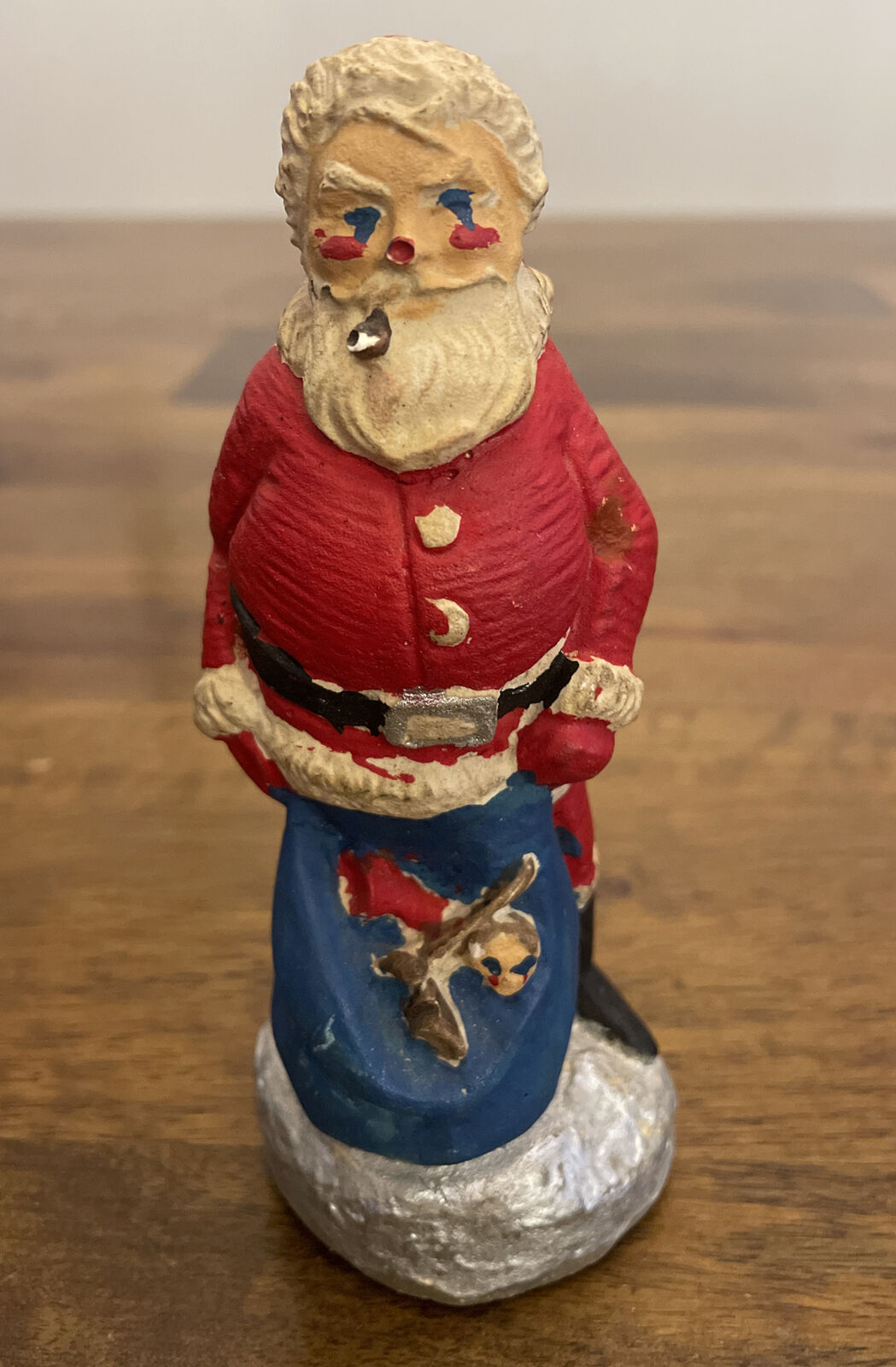1940s Vintage Chalkware Santa Claus w Pipe Bag of Toys Christmas Figurine
