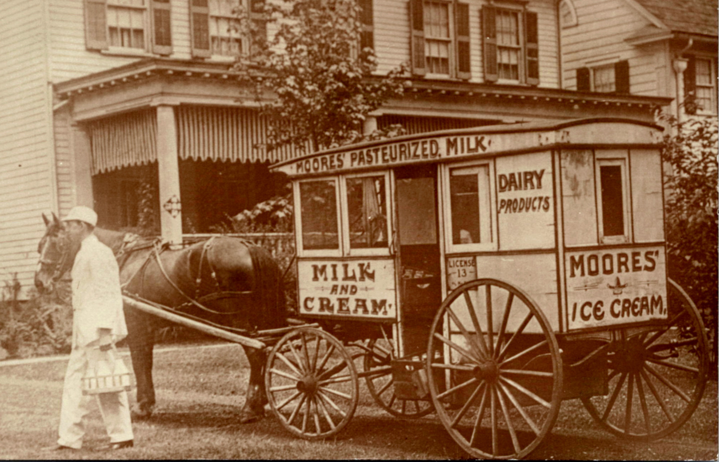 Reprint RPPC Postcard Moore\'s Pasteurized Milk Milkman Horse Drawn Dairy Wagon