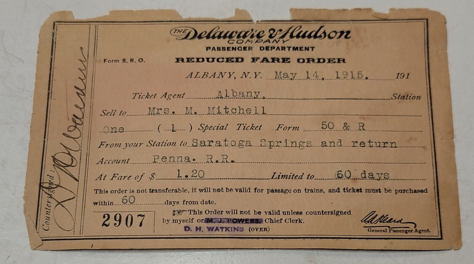 1915 DELAWARE HUDSON RAILROAD REDUCED FARE TICKET  E53