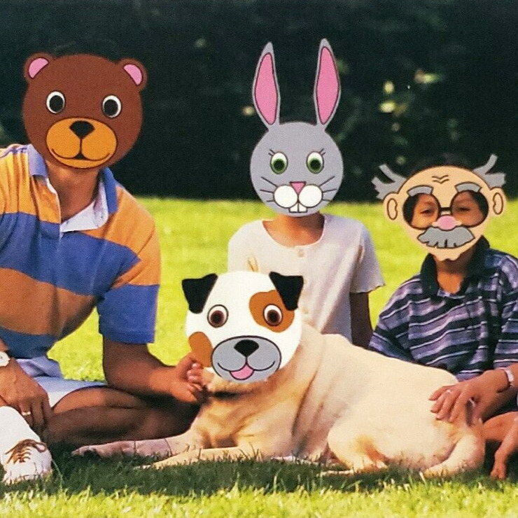 Family Wearing Silly Mask Postcard 4x6 Canon Printer 1990s Dog Rabbit Bear B1379