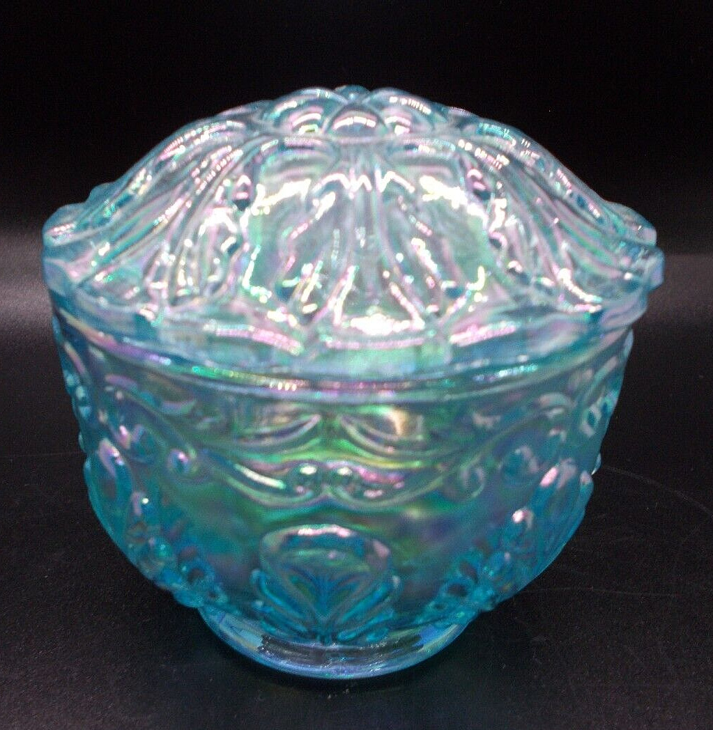 Fenton Art Glass Blue Iridescent Small Covered Trinket Dish/Bowl