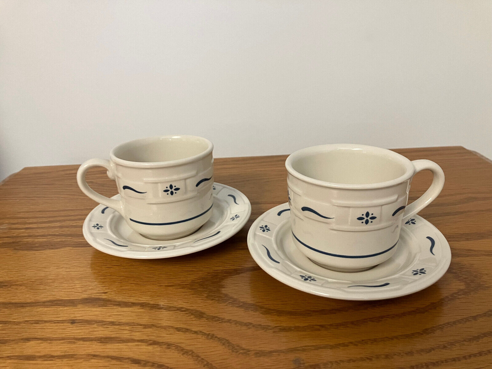 Longaberger Pottery Woven Traditions Blue Coffee/Tea Cups and Saucers ~ Two Sets