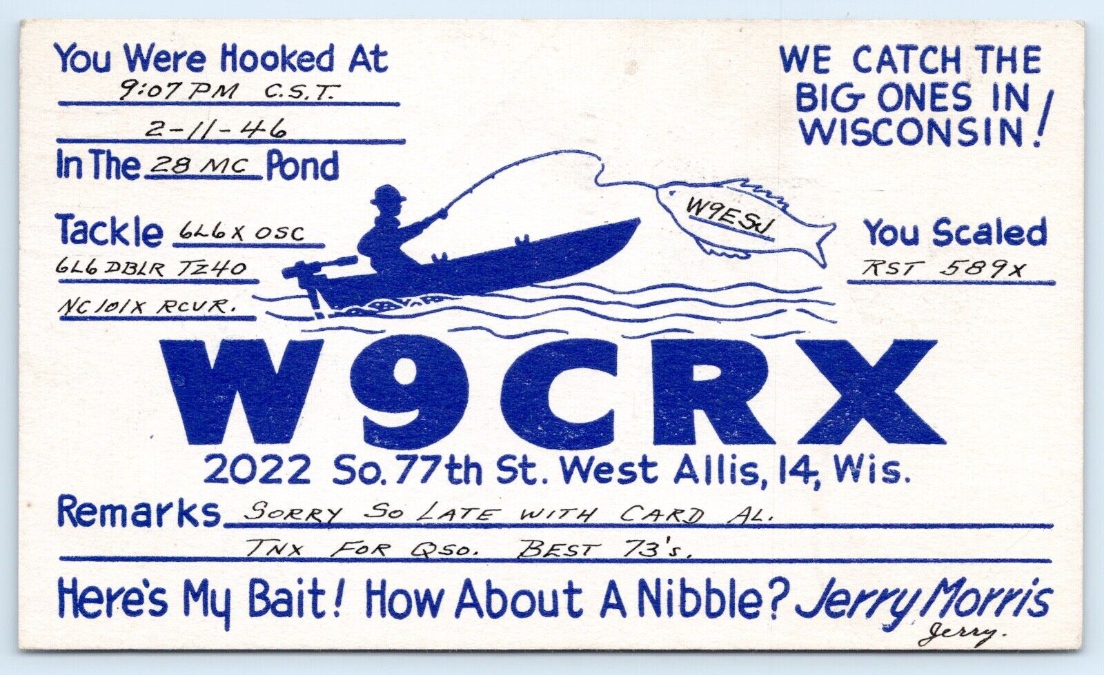 QSL CB Ham Radio W9CRX West Allis Wisconsin Vtg Milwaukee County WI 1946 Card