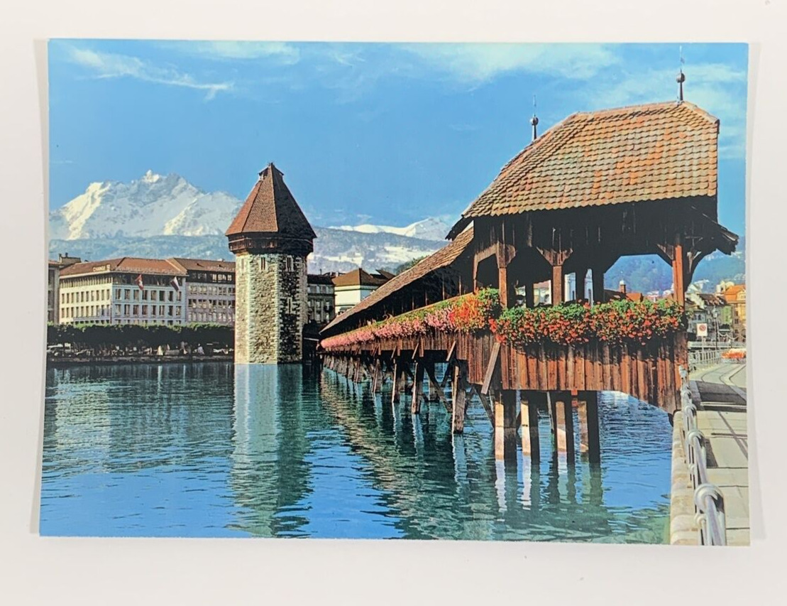 Lucerne Chapel Bridge with Water Tower and Mt. Pilate Switzerland Postcard