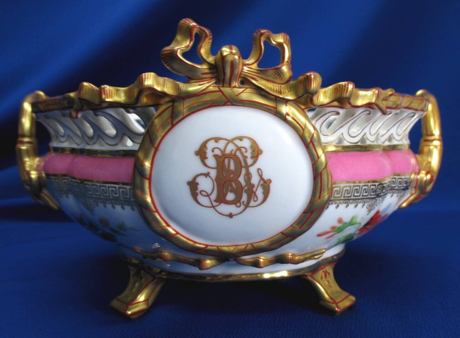 FANTASTIC HAND-PAINTED OLD PARIS CENTER BOWL PINK / GOLD WITH FLORALS