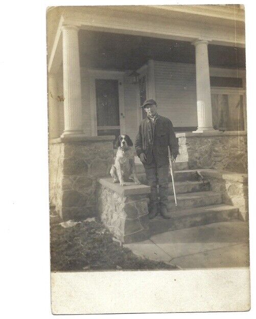 c1900s Hunter Man With Rifle Shotgun & Dog Porch House RPPC Real Photo Postcard