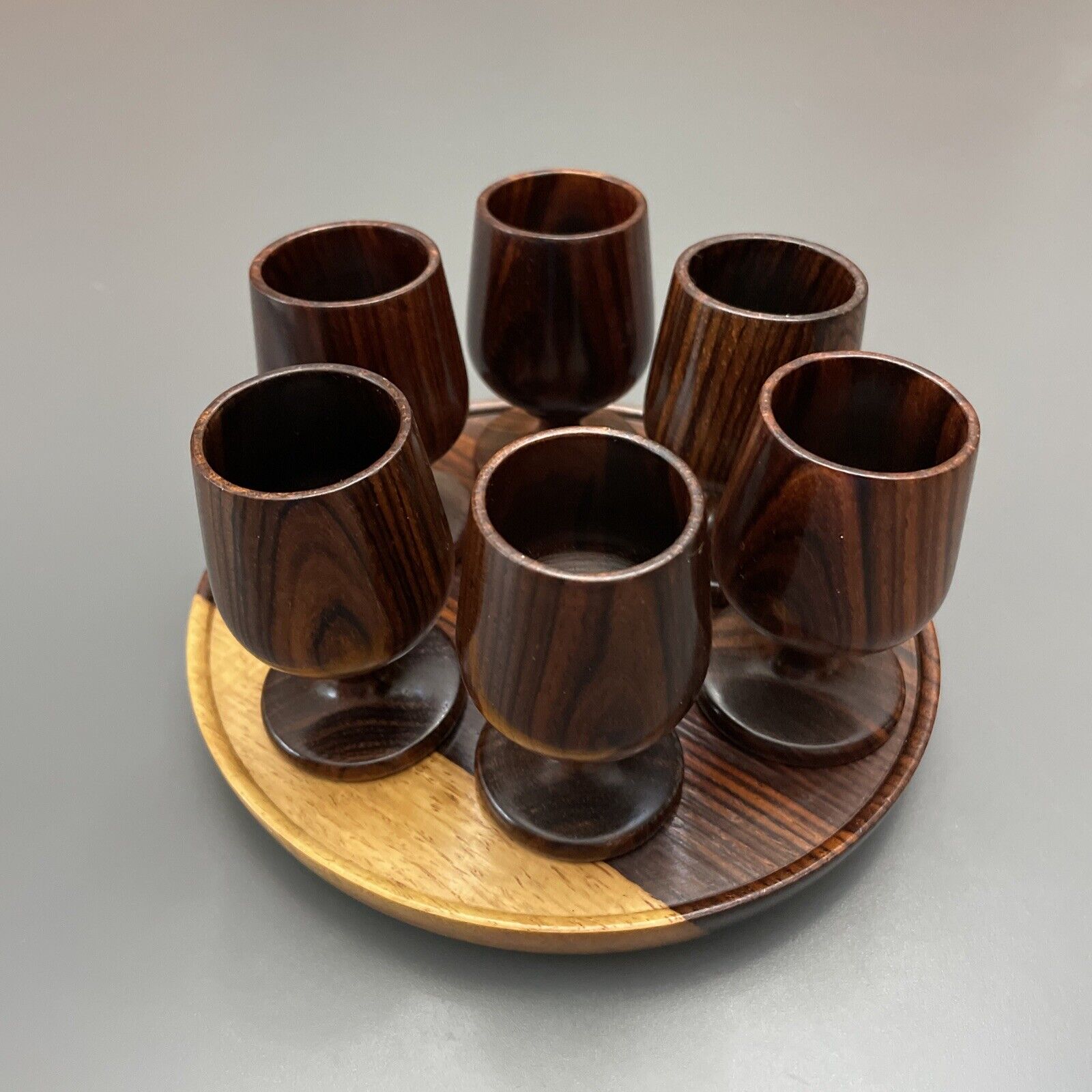 Set of 6 Vintage Mini Solid Wood Wine/Shot Glasses W/Serving Plate Carved FLAW