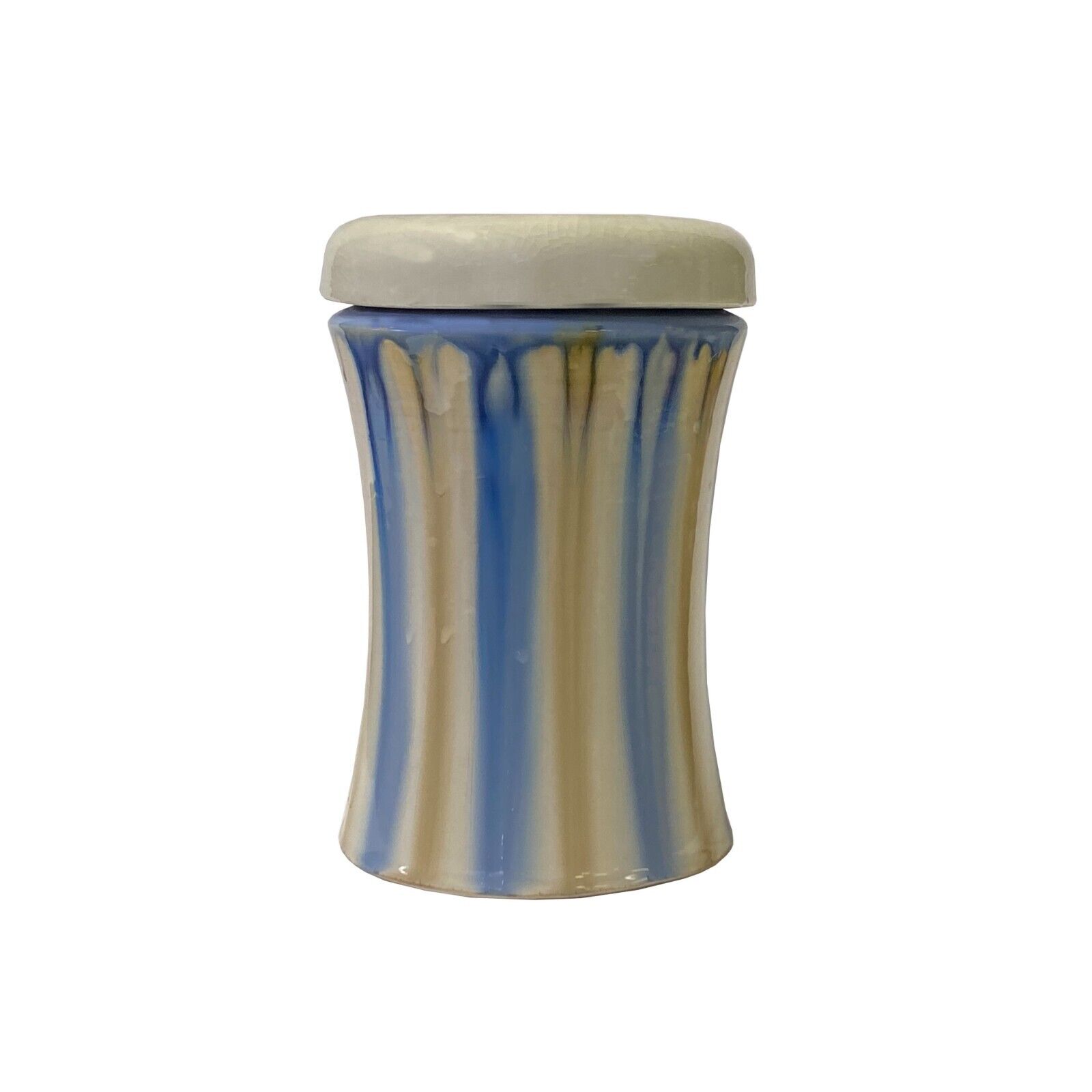 Blue Tan White Strips Ceramic Round Container Urn Jar ws3265