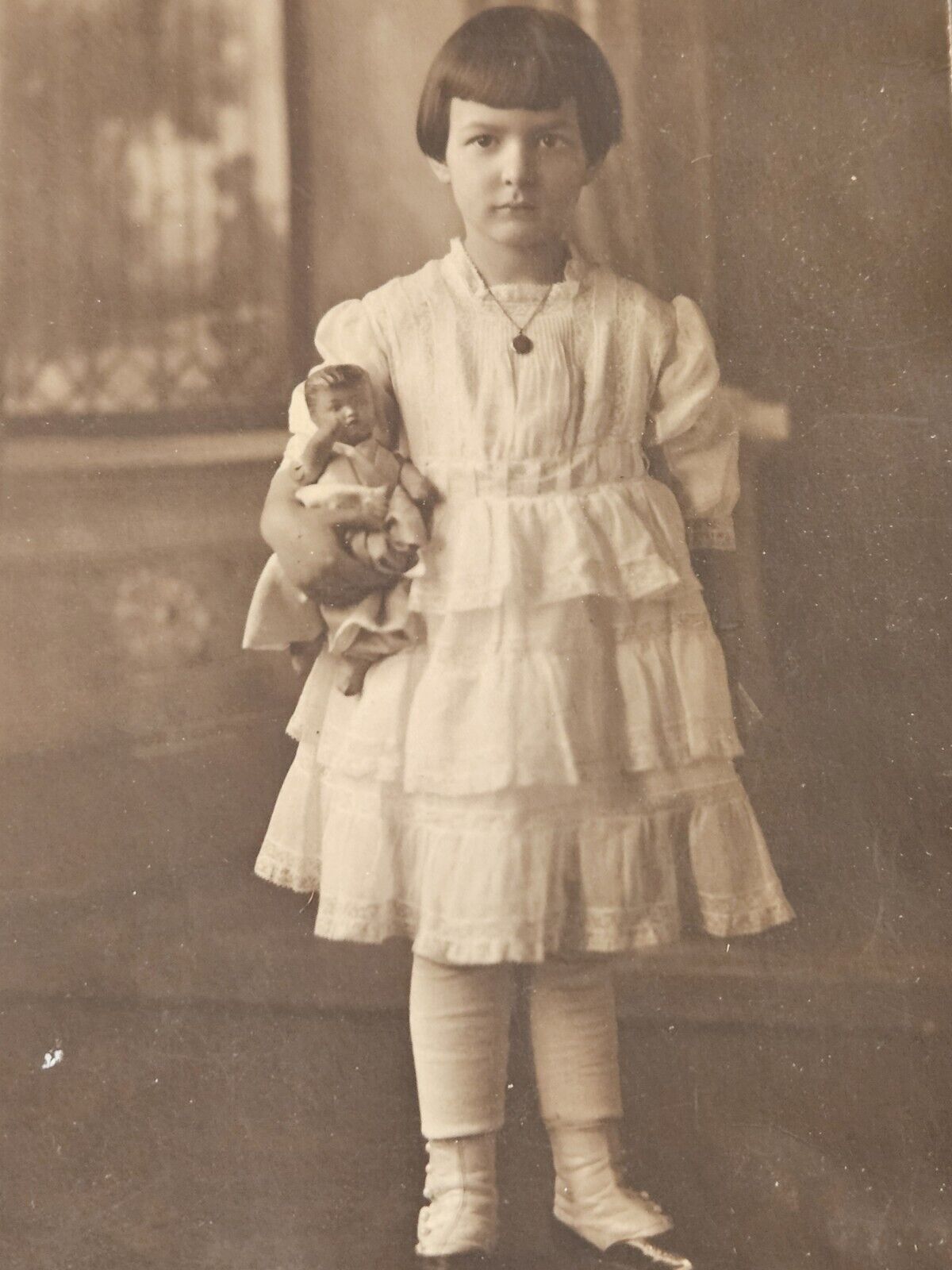 1920s Antique Studio Photo of Young Girl With Super Cool Doll.  Flapper Era