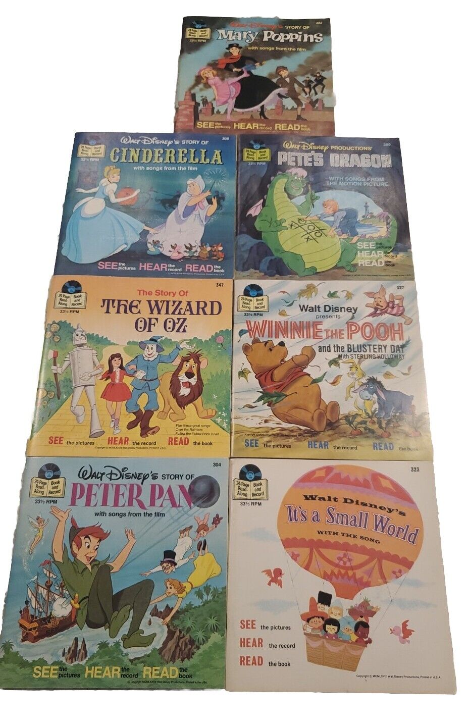 Lot of 7 Vintage Walt Disney Disneyland Read Along Books And Records 33 1/3 RPM