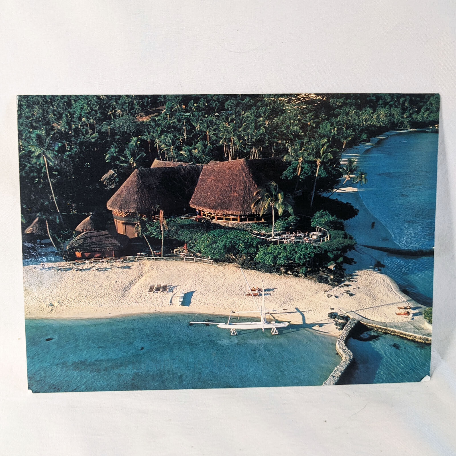 Vintage Bora Bora Aerial Matira Terrace Bar Oversize Postcard Stamped 1996 TOPO