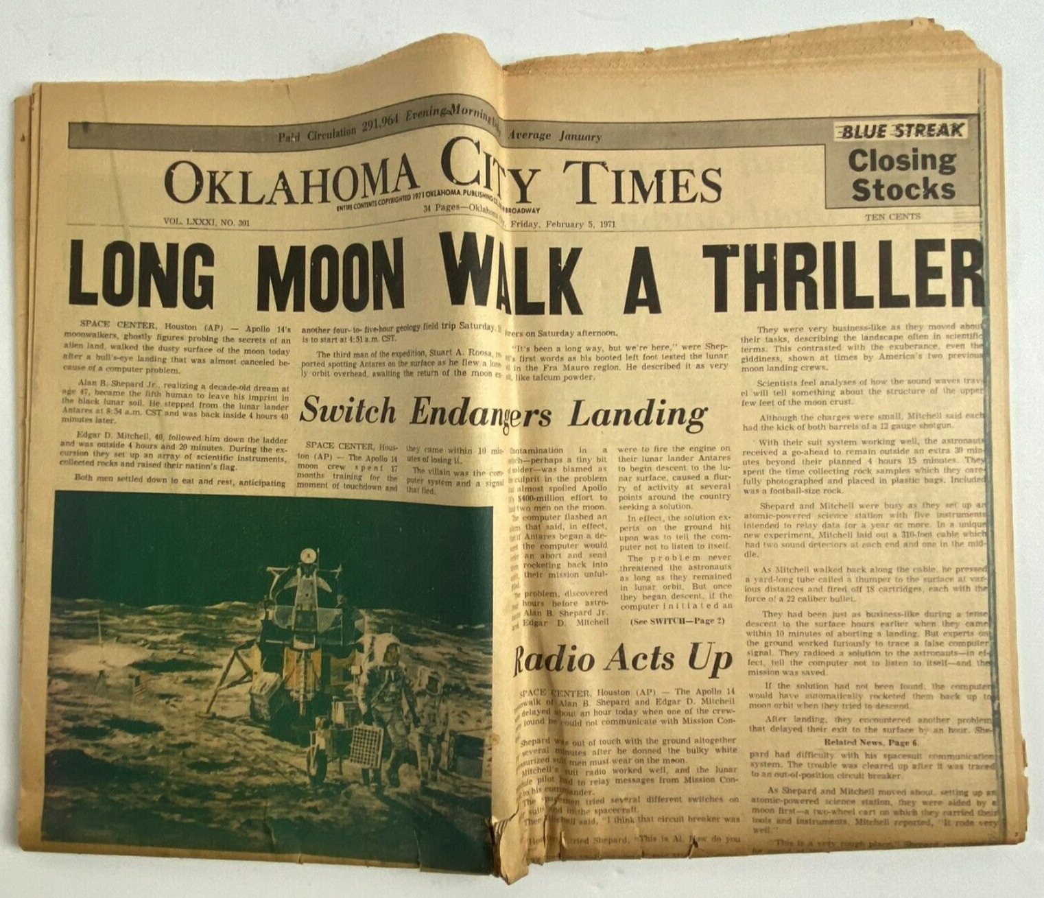 1971 Oklahoma City Times Newspaper Apollo 14 Moon Walk a Thriller Vintage