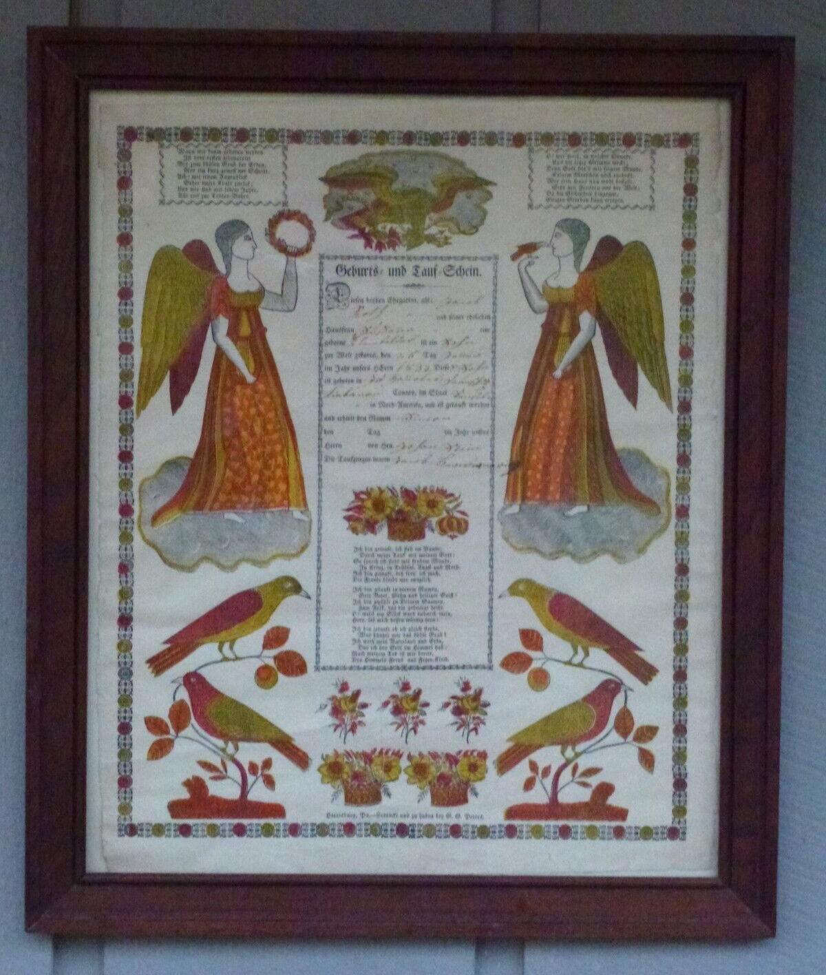 1832 Antique German Pennsylvania Dutch Birth & Baptismal Lithograph Certificate
