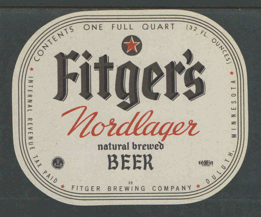 1970s FITGERS NORDLAGER BEER BOTTLE LABEL DULUTH MINN - 1 QUART - UNUSED