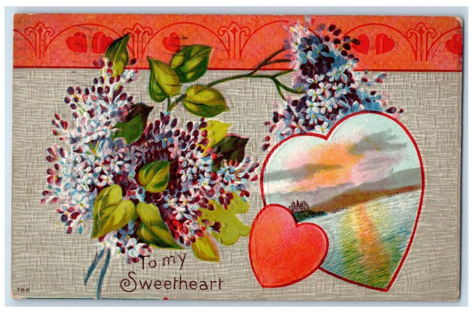 1911 Valentine Hearts Sea View Pansies Flowers Embossed Posted Antique Postcard