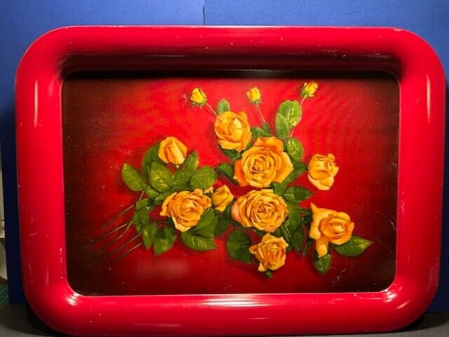 Vintage Red Metal Tray With Yellow Roses 17.5” X 12.75” 1950s 1960s