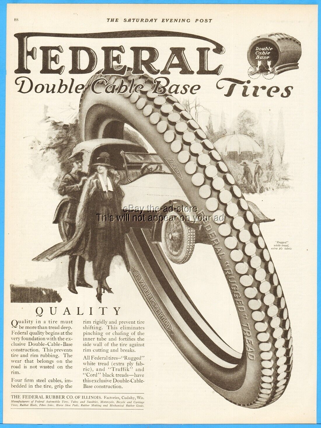 1919 Federal Rubber Co of Illinois Antique Print Ad Car Tires Womens Hat Fashion
