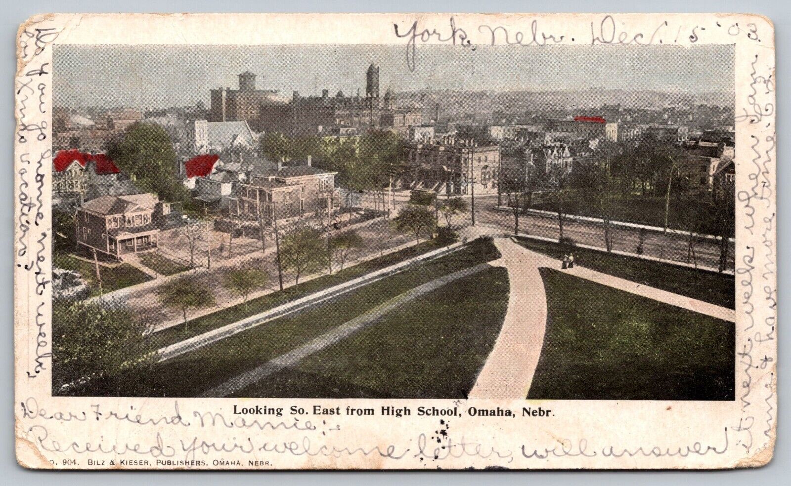 1903 Antique postcard Looking SE From High School Omaha Nebraska Aerial View A4