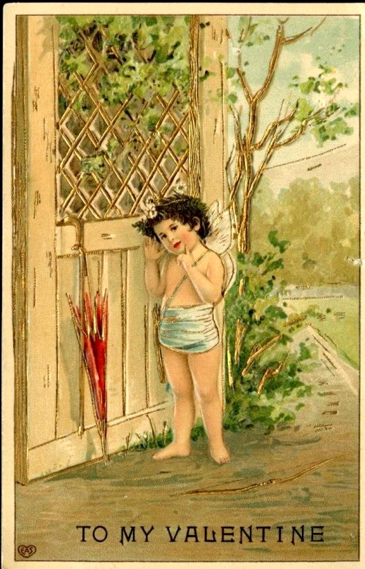Antique Postcard To My Valentine Cupid Garden Gilt Signed EA Schwerdtfeger 1908