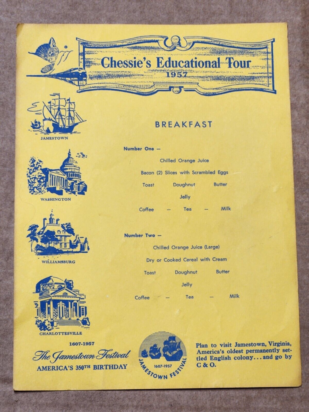 c1957 Chessie\'s Educational Tour Jamestown VA 350th Birthday Festival Menu