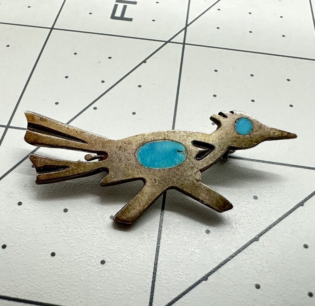 VNT Old Pawn Zuni Native American Sterling Turquoise Roadrunner Pin Brooch:)