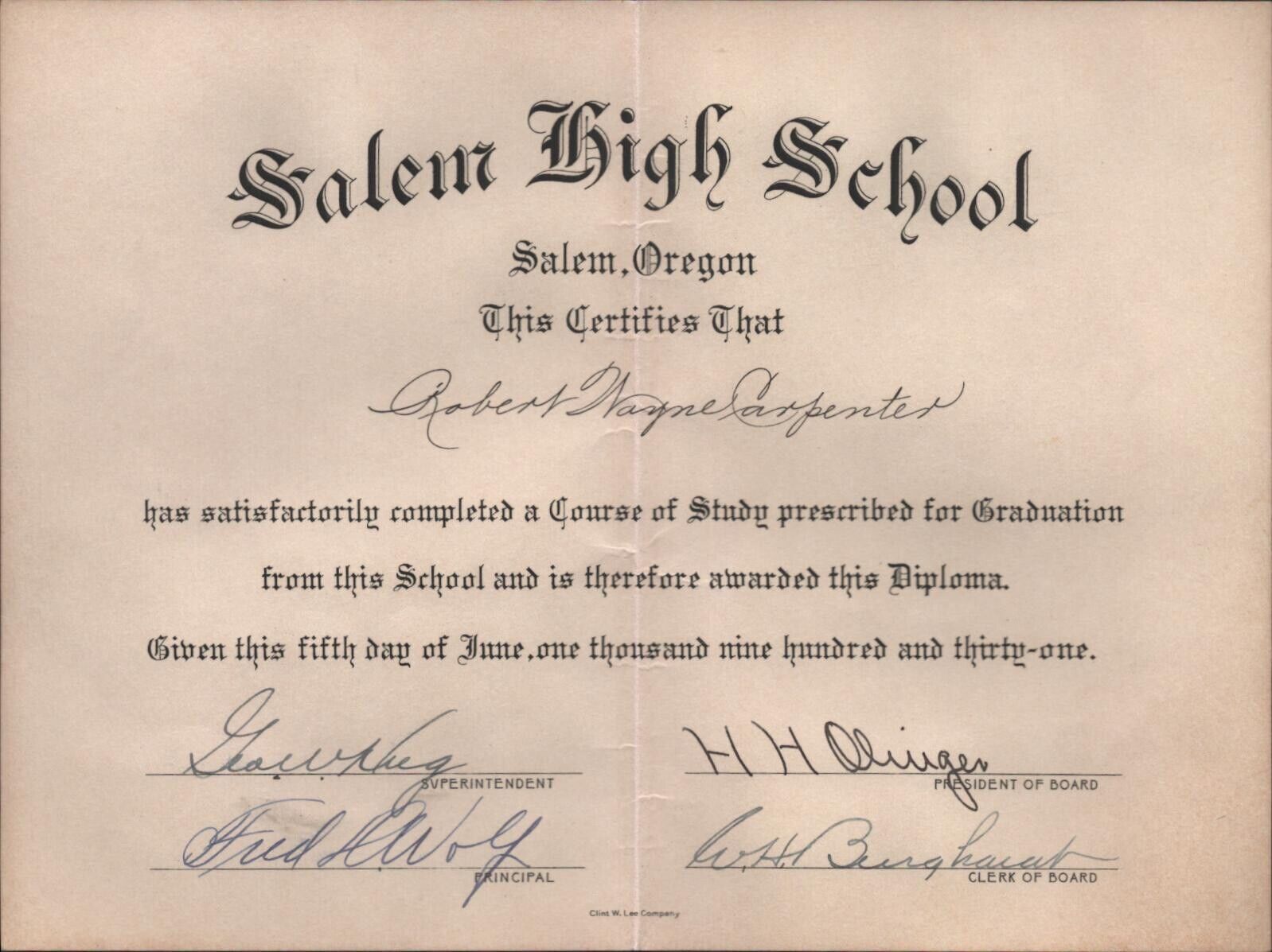 1931 HIGH SCHOOL DIPLOMA vintage graduation certificate SALEM HIGH SCHOOL Oregon