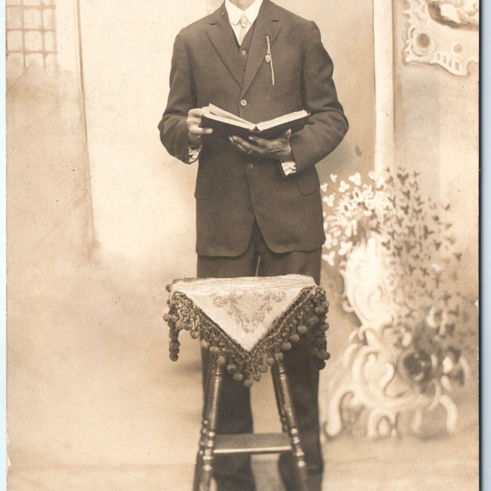 ID'd c1910s Handsome Young Man Read Bible RPPC Real Photo Philip Hooverman A143