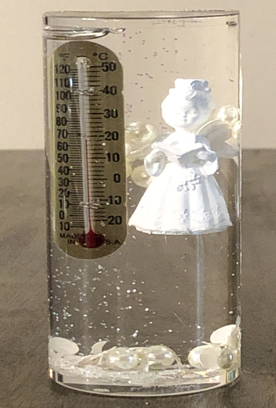 Rare Vintage 1970’s Thermometer Angel Encased In Water Snow Dome Paperweight