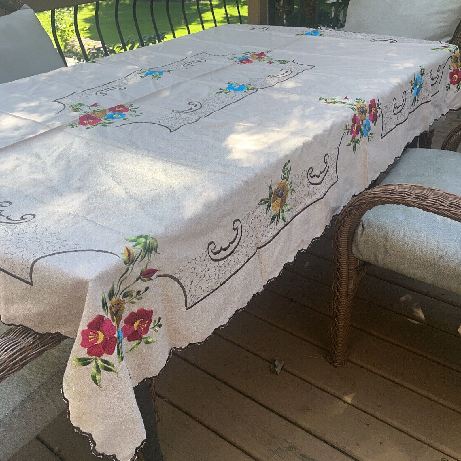 Vintage Hand Embroidered Linen Tablecloth Florals 75”x62” Fabric
