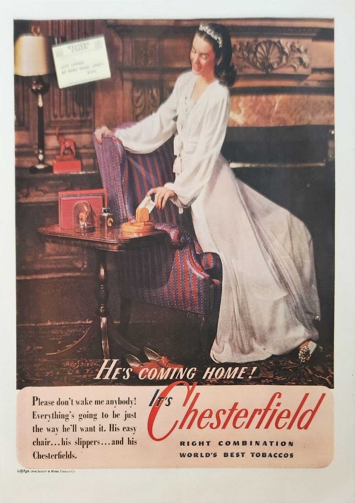 1944 Chesterfield Cigarettes Vintage Ad He is coming home 423
