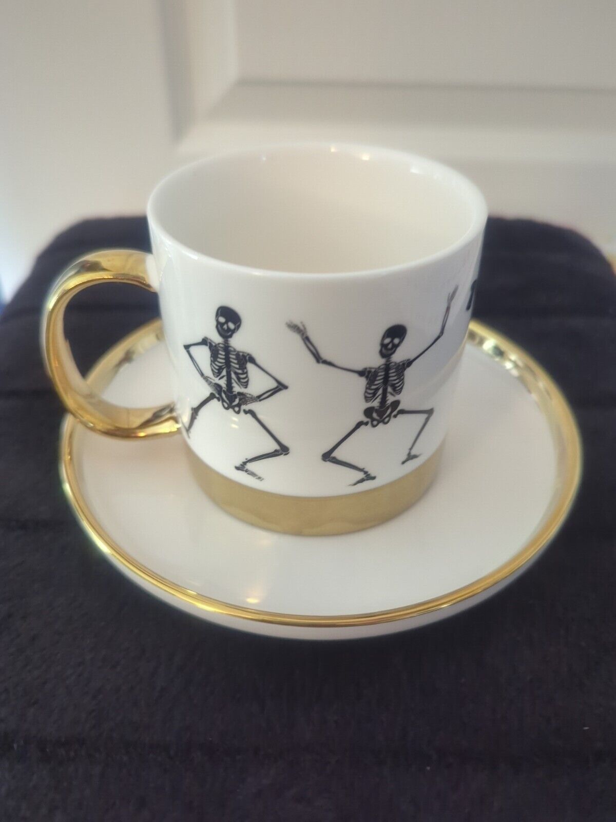 Elegance Porcelain 16oz Gold Rim Dancing Skeletons Mug with Saucer AA01B52028