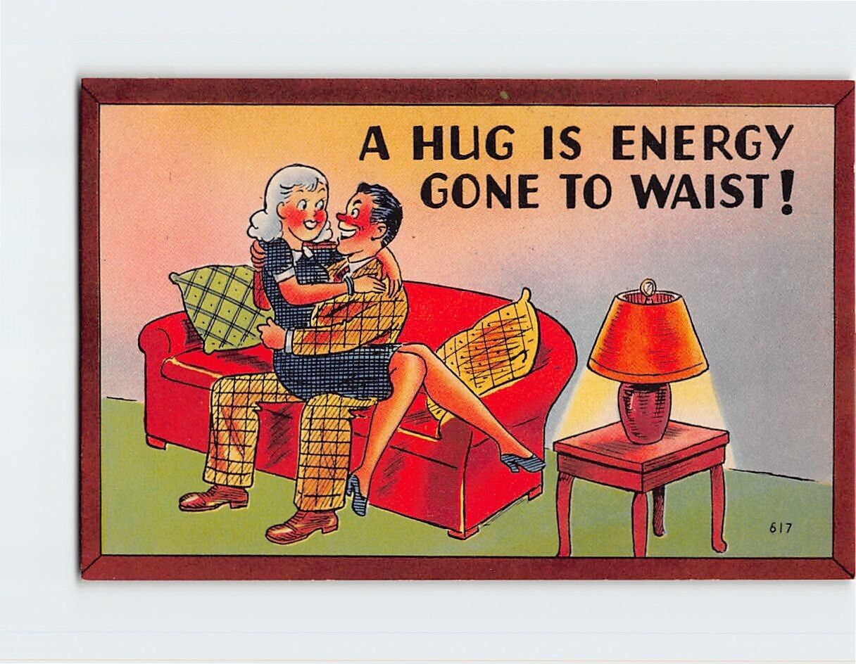 Postcard A Hug Is Energy Gone To Waist with Lovers Comic Art Print
