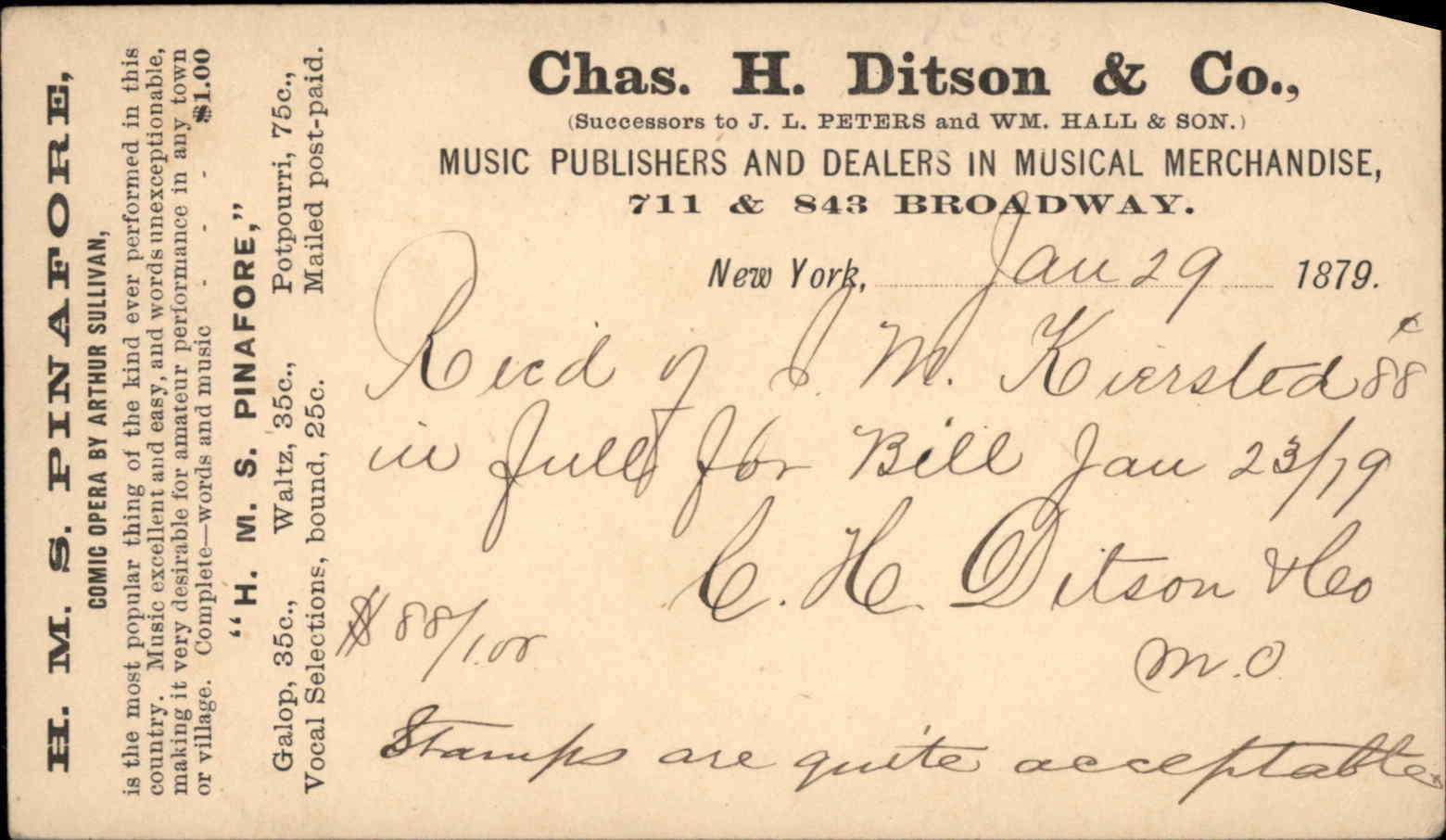 Chas H Ditson Co Music Musical Merch Adv New York City 1879 Postal Card EARLY
