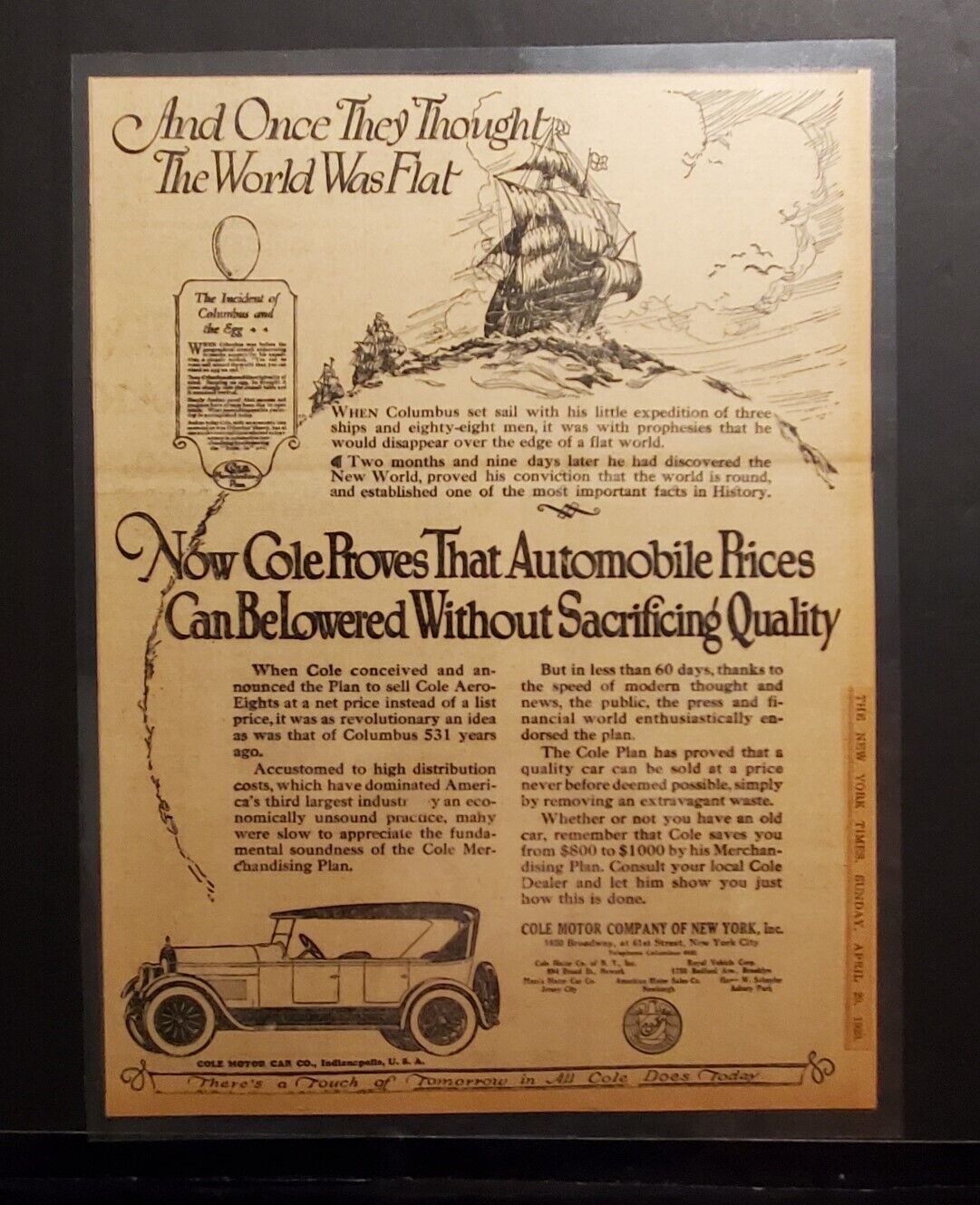 5069----1923 Cole Motor Co large display ad Columbus themed -- NY Times original