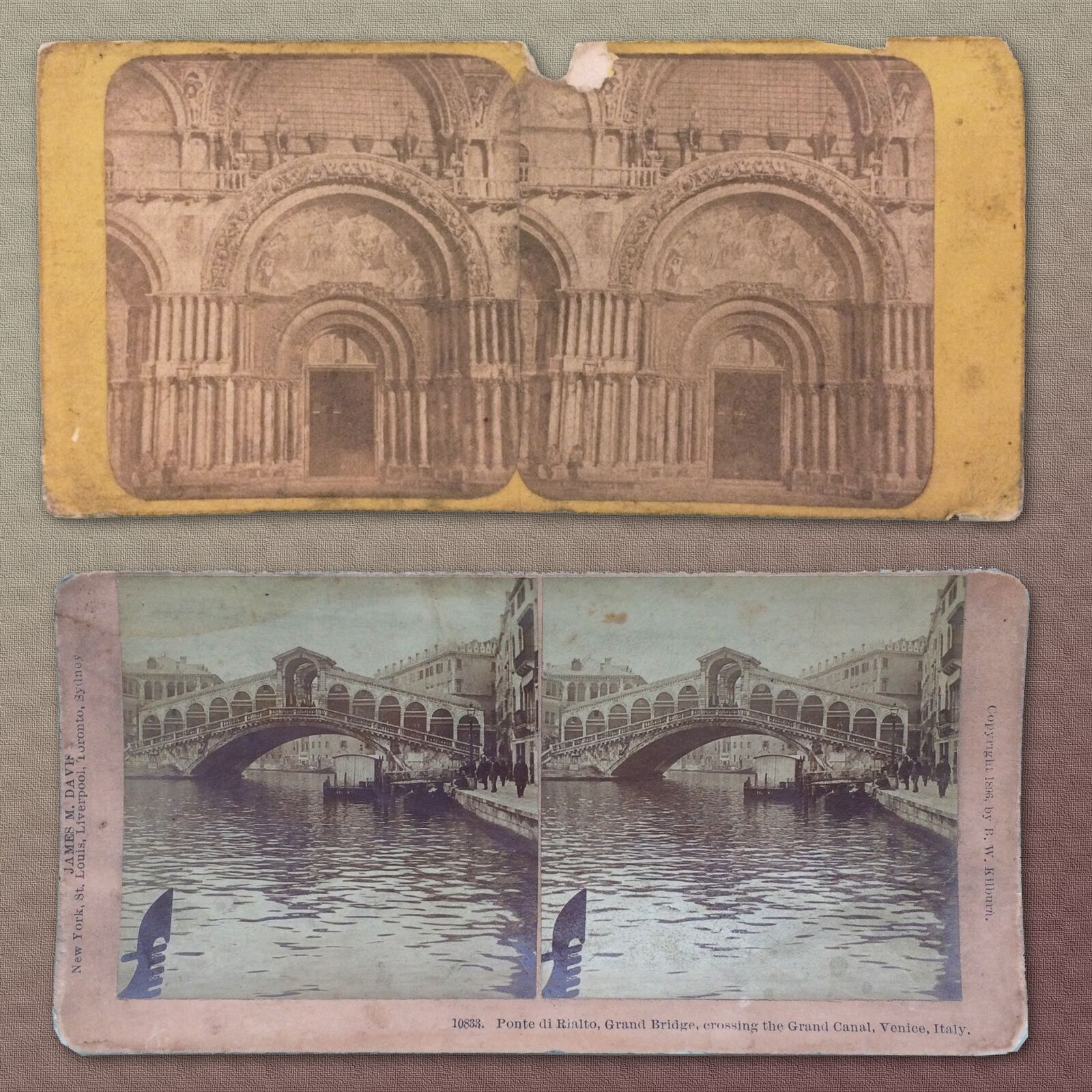 c1895-96 TWO STEREOVIEW PHOTOS ST. MARK'S CATHEDRAL/RIALTO BRIDGE VENICE, ITALY